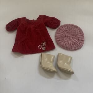 American Girl Bitty Baby Fall Flowers Dress Red Corduroy Boot Hat Doll Clothes